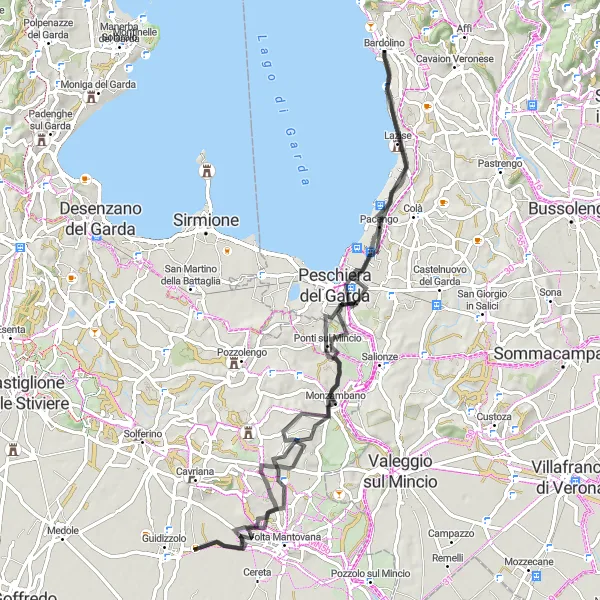 Kartminiatyr av "Runt Gardasjön: Bardolino - Monte Cucco - Monzambano" cykelinspiration i Veneto, Italy. Genererad av Tarmacs.app cykelruttplanerare