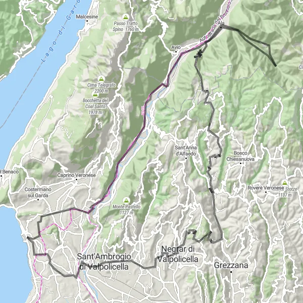 Kartminiatyr av "Rundtur fra Bardolino til Cisano via Passo delle Fittanze della Sega" sykkelinspirasjon i Veneto, Italy. Generert av Tarmacs.app sykkelrutoplanlegger