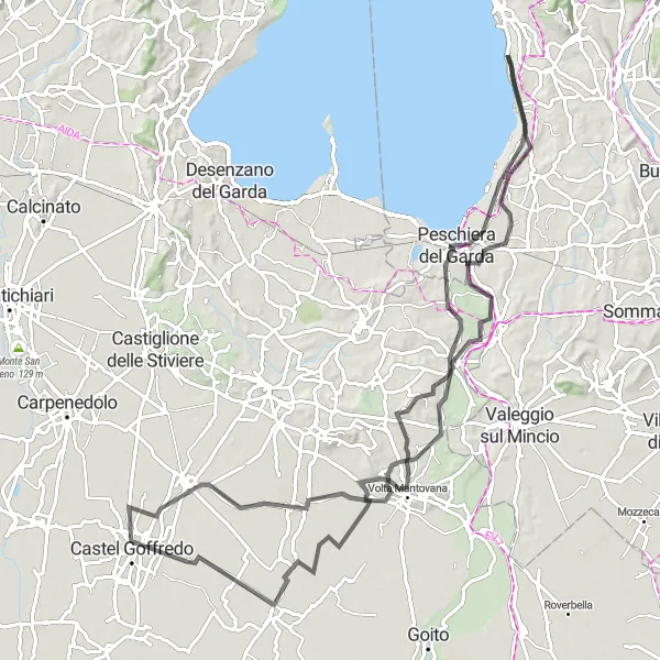 Kartminiatyr av "Bardolino til Cisano via Monte Casale og Volta Mantovana" sykkelinspirasjon i Veneto, Italy. Generert av Tarmacs.app sykkelrutoplanlegger