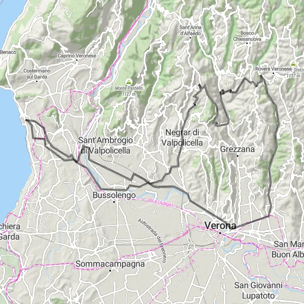 Miniature de la carte de l'inspiration cycliste "Parcours panoramique à travers les collines de Valpolicella" dans la Veneto, Italy. Générée par le planificateur d'itinéraire cycliste Tarmacs.app