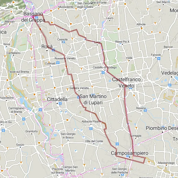 Miniaturní mapa "Gravelový okruh kolem Veneta" inspirace pro cyklisty v oblasti Veneto, Italy. Vytvořeno pomocí plánovače tras Tarmacs.app