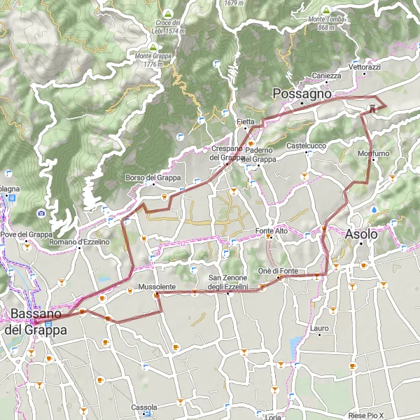 Miniatua del mapa de inspiración ciclista "Aventura en grava por Bassano del Grappa" en Veneto, Italy. Generado por Tarmacs.app planificador de rutas ciclistas