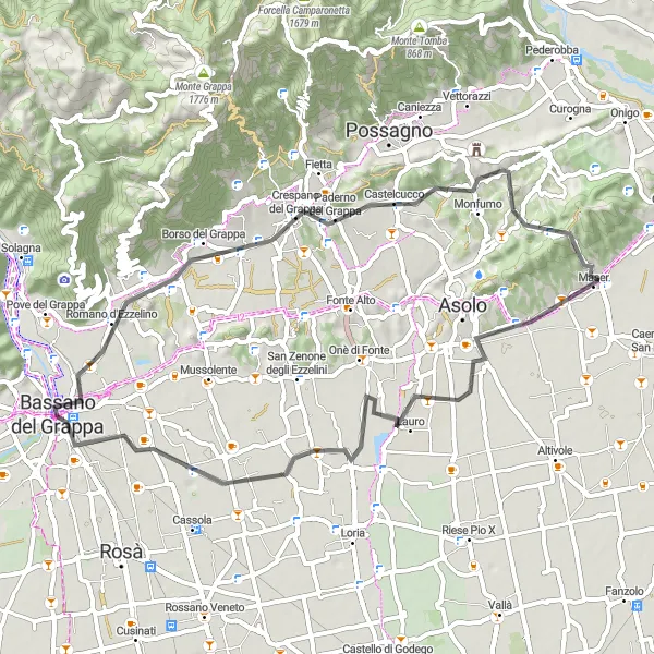 Miniatura della mappa di ispirazione al ciclismo "Giro della Rocca" nella regione di Veneto, Italy. Generata da Tarmacs.app, pianificatore di rotte ciclistiche