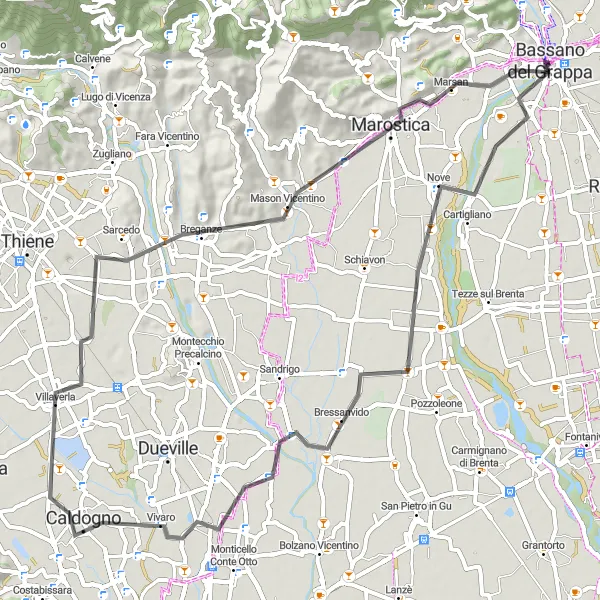 Mapa miniatúra "Road Route to Breganze" cyklistická inšpirácia v Veneto, Italy. Vygenerované cyklistickým plánovačom trás Tarmacs.app