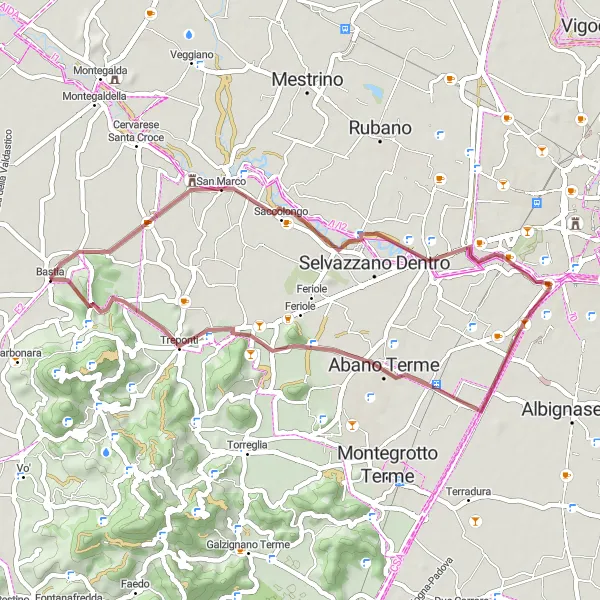 Miniaturní mapa "Gravelový výlet kolem Saccolonga" inspirace pro cyklisty v oblasti Veneto, Italy. Vytvořeno pomocí plánovače tras Tarmacs.app