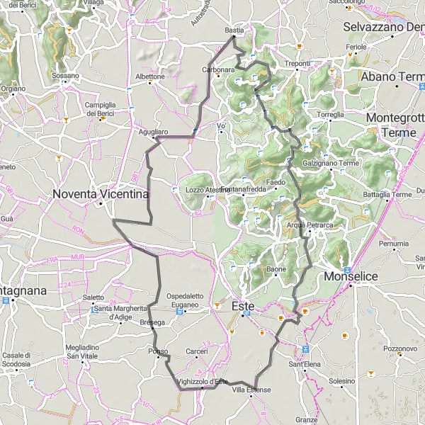 Miniatura della mappa di ispirazione al ciclismo "Tour panoramico tra Rovolon e Agugliaro" nella regione di Veneto, Italy. Generata da Tarmacs.app, pianificatore di rotte ciclistiche
