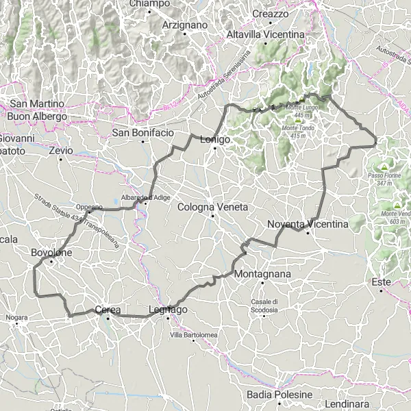 Miniatura della mappa di ispirazione al ciclismo "Giro in bicicletta da Bastia a Bosco di Nanto" nella regione di Veneto, Italy. Generata da Tarmacs.app, pianificatore di rotte ciclistiche