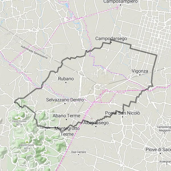 Miniatura della mappa di ispirazione al ciclismo "Esplorazione in bicicletta verso Monte Castello" nella regione di Veneto, Italy. Generata da Tarmacs.app, pianificatore di rotte ciclistiche