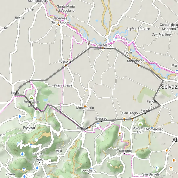 Map miniature of "Southwest Loop: Bastia to Saccolongo" cycling inspiration in Veneto, Italy. Generated by Tarmacs.app cycling route planner