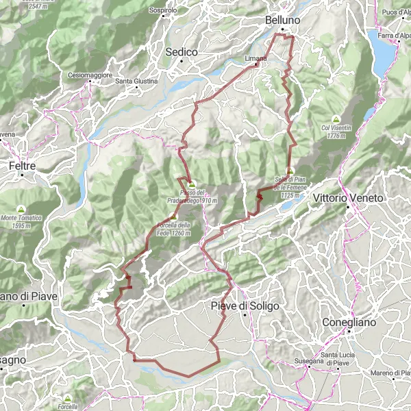 Miniature de la carte de l'inspiration cycliste "Les sentiers gravel à travers les montagnes" dans la Veneto, Italy. Générée par le planificateur d'itinéraire cycliste Tarmacs.app