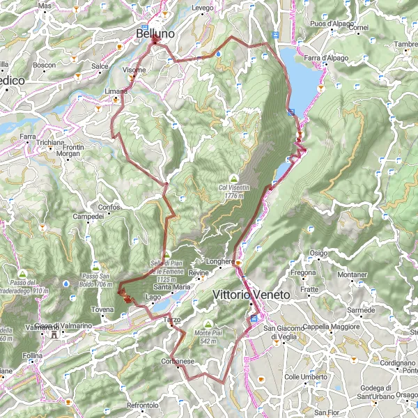 Kartminiatyr av "Grusväg från Belluno till Limana via Castion och Vittorio Veneto" cykelinspiration i Veneto, Italy. Genererad av Tarmacs.app cykelruttplanerare