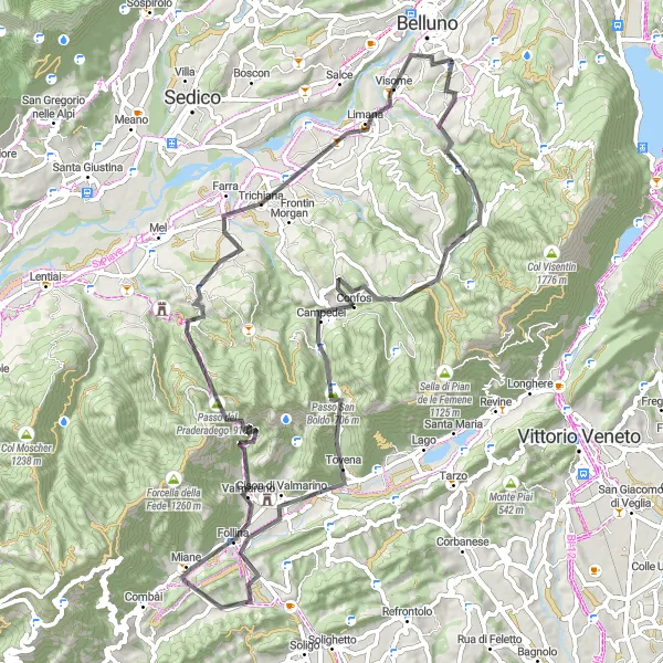 Map miniature of "Belluno to Valdobbiadene Loop" cycling inspiration in Veneto, Italy. Generated by Tarmacs.app cycling route planner