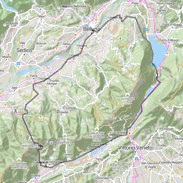 Mapa miniatúra "Jazda po úpätí Monte Cavalier" cyklistická inšpirácia v Veneto, Italy. Vygenerované cyklistickým plánovačom trás Tarmacs.app
