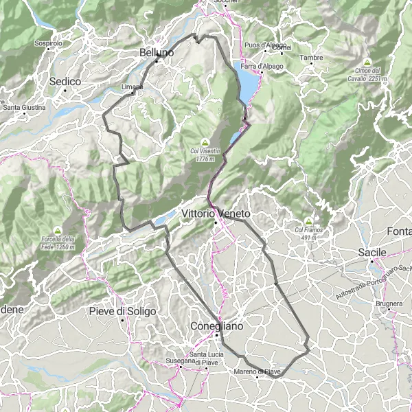 Miniatua del mapa de inspiración ciclista "Ruta de Carretera Belluno-Vittorio Veneto" en Veneto, Italy. Generado por Tarmacs.app planificador de rutas ciclistas
