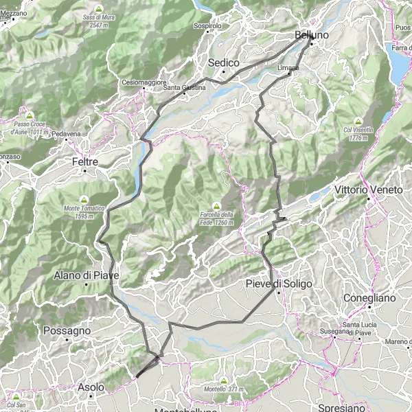 Karttaminiaatyyri "Vuoristoiset maisemat ja haastava kiipeily Bellunon ympäristössä" pyöräilyinspiraatiosta alueella Veneto, Italy. Luotu Tarmacs.app pyöräilyreittisuunnittelijalla
