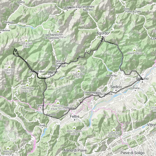 Mapa miniatúra "Cyklistická trasa okolo Belluna a Monte Aurin" cyklistická inšpirácia v Veneto, Italy. Vygenerované cyklistickým plánovačom trás Tarmacs.app