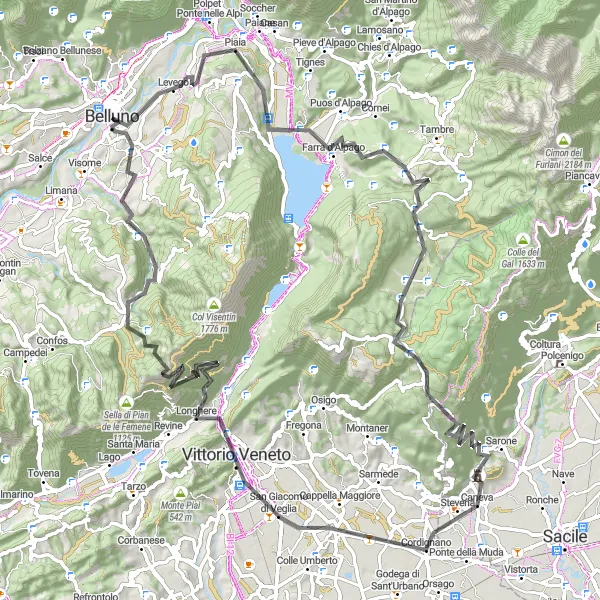 Kartminiatyr av "Belluno - Farra d'Alpago - Vittorio Veneto - Monte Pezza - Castion - Col Cavalier - Belluno" cykelinspiration i Veneto, Italy. Genererad av Tarmacs.app cykelruttplanerare