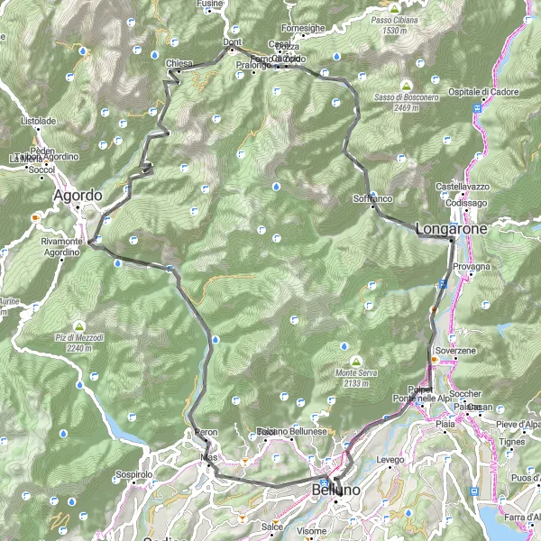 Zemljevid v pomanjšavi "Krožna kolesarska pot okoli Belluna: Dolina in Jezero" kolesarske inspiracije v Veneto, Italy. Generirano z načrtovalcem kolesarskih poti Tarmacs.app