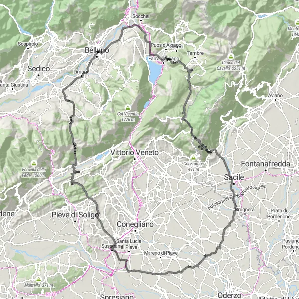 Miniatua del mapa de inspiración ciclista "Ruta de ciclismo de carretera en los Alpes italianos" en Veneto, Italy. Generado por Tarmacs.app planificador de rutas ciclistas