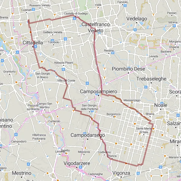 Mapa miniatúra "Gravelová trasa cez Mottinello a Belvedere" cyklistická inšpirácia v Veneto, Italy. Vygenerované cyklistickým plánovačom trás Tarmacs.app
