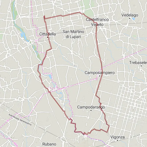 Kartminiatyr av "Grusvägar genom Villarazzo och Piazzola sul Brenta" cykelinspiration i Veneto, Italy. Genererad av Tarmacs.app cykelruttplanerare