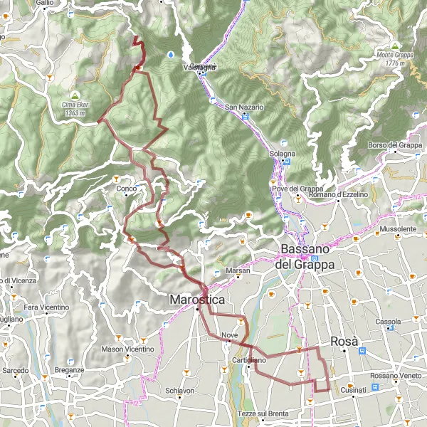Zemljevid v pomanjšavi "Pustolovska gravel vožnja: Od Cartigliana do Cime di Ciò" kolesarske inspiracije v Veneto, Italy. Generirano z načrtovalcem kolesarskih poti Tarmacs.app
