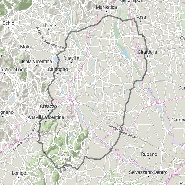Zemljevid v pomanjšavi "120 km Dolgoročno kolesarsko potovanje iz Belvedere" kolesarske inspiracije v Veneto, Italy. Generirano z načrtovalcem kolesarskih poti Tarmacs.app