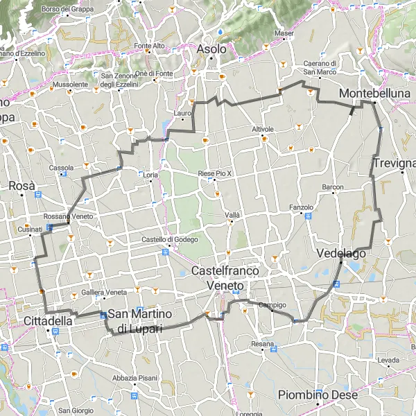 Zemljevid v pomanjšavi "Cestna kolesarska pot do Belvedere" kolesarske inspiracije v Veneto, Italy. Generirano z načrtovalcem kolesarskih poti Tarmacs.app
