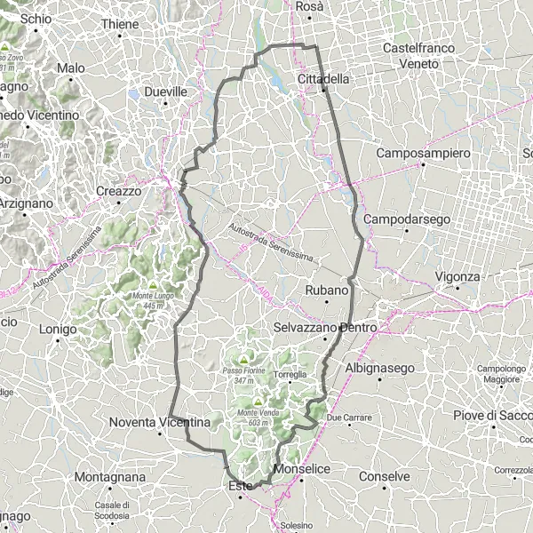 Mapa miniatúra "Horská cesta k Abano Terme" cyklistická inšpirácia v Veneto, Italy. Vygenerované cyklistickým plánovačom trás Tarmacs.app