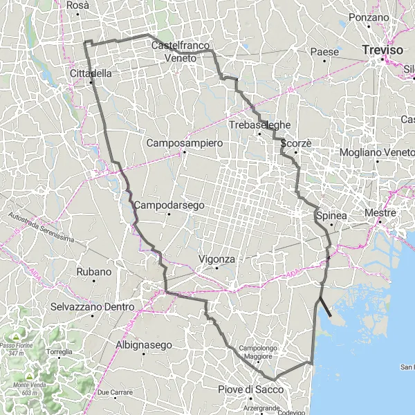 Mapa miniatúra "Panoramatická cesta cez Castelfranco Veneto a Belvedere" cyklistická inšpirácia v Veneto, Italy. Vygenerované cyklistickým plánovačom trás Tarmacs.app
