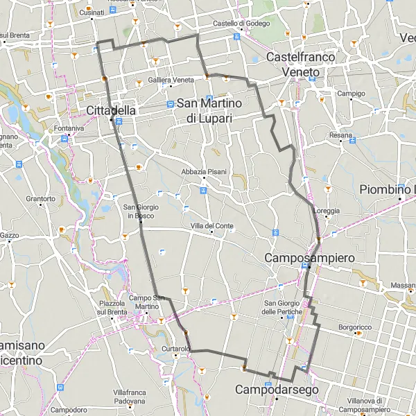 Miniaturní mapa "Cyklotrasa Mottinello" inspirace pro cyklisty v oblasti Veneto, Italy. Vytvořeno pomocí plánovače tras Tarmacs.app