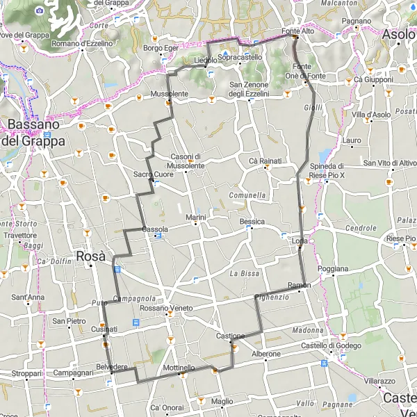 Mapa miniatúra "Cyklotrasa cez Mussolente a Loria" cyklistická inšpirácia v Veneto, Italy. Vygenerované cyklistickým plánovačom trás Tarmacs.app