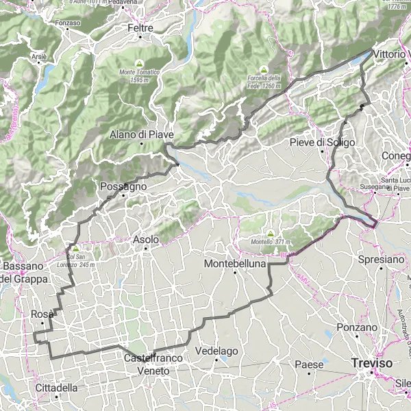 Mapa miniatúra "Cesta okolo Monte Gallo" cyklistická inšpirácia v Veneto, Italy. Vygenerované cyklistickým plánovačom trás Tarmacs.app