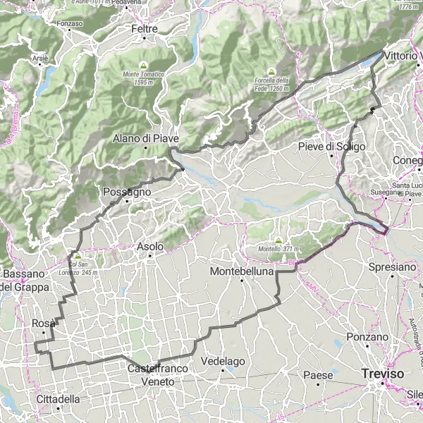 Miniatura della mappa di ispirazione al ciclismo "Avventura in bicicletta tra Monte Gallo e Volpago del Montello" nella regione di Veneto, Italy. Generata da Tarmacs.app, pianificatore di rotte ciclistiche