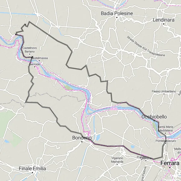 Map miniature of "Riverside Exploration" cycling inspiration in Veneto, Italy. Generated by Tarmacs.app cycling route planner