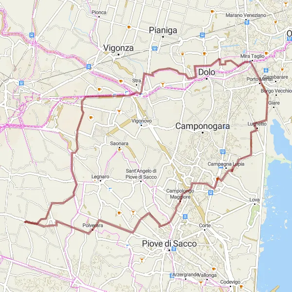 Miniatura della mappa di ispirazione al ciclismo "Gravel tra Villa Foscarini Rossi e Mira Taglio" nella regione di Veneto, Italy. Generata da Tarmacs.app, pianificatore di rotte ciclistiche