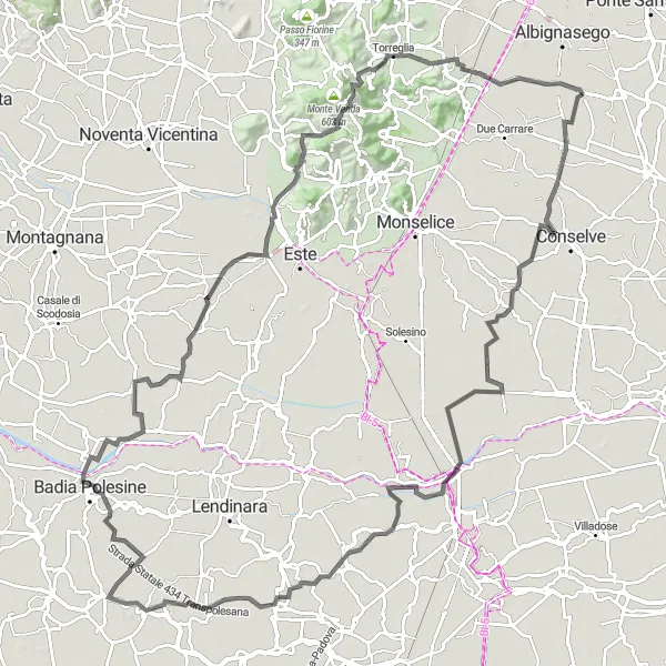 Miniatura della mappa di ispirazione al ciclismo "Esperienza ciclistica a Tribano e Maserà di Padova" nella regione di Veneto, Italy. Generata da Tarmacs.app, pianificatore di rotte ciclistiche