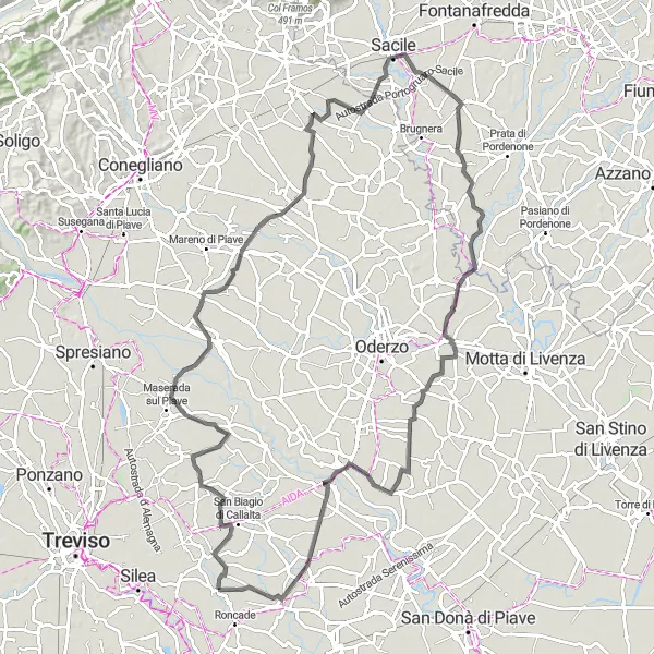 Zemljevid v pomanjšavi "Kolesarska pot okoli Biancade - 105 km" kolesarske inspiracije v Veneto, Italy. Generirano z načrtovalcem kolesarskih poti Tarmacs.app