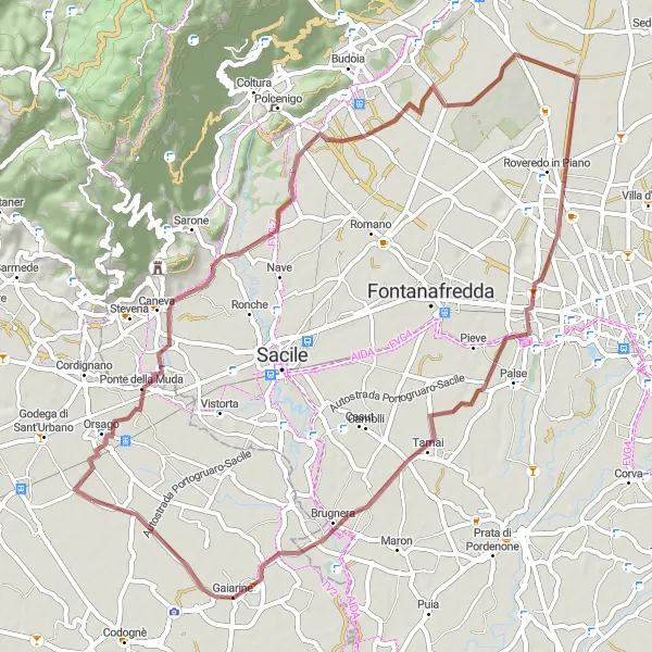 Map miniature of "Bibano – Brugnera Gravel Adventure" cycling inspiration in Veneto, Italy. Generated by Tarmacs.app cycling route planner