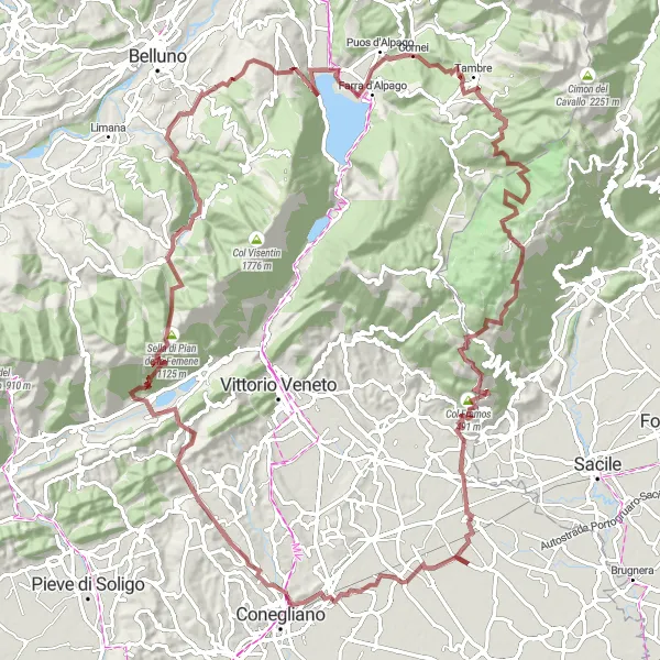 Miniatura della mappa di ispirazione al ciclismo "Bibano - Cordignano" nella regione di Veneto, Italy. Generata da Tarmacs.app, pianificatore di rotte ciclistiche
