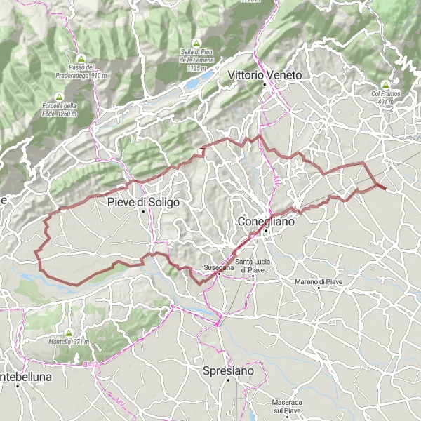 Kartminiatyr av "Grusväg genom Conegliano och Belvedere" cykelinspiration i Veneto, Italy. Genererad av Tarmacs.app cykelruttplanerare