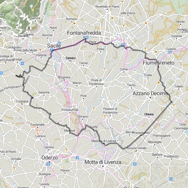 Karten-Miniaturansicht der Radinspiration "Entspannte Radtour von Bibano nach Roverbasso" in Veneto, Italy. Erstellt vom Tarmacs.app-Routenplaner für Radtouren
