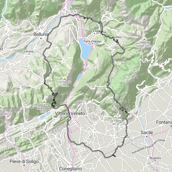 Map miniature of "Scomigo – Caneva Ultimate Challenge" cycling inspiration in Veneto, Italy. Generated by Tarmacs.app cycling route planner