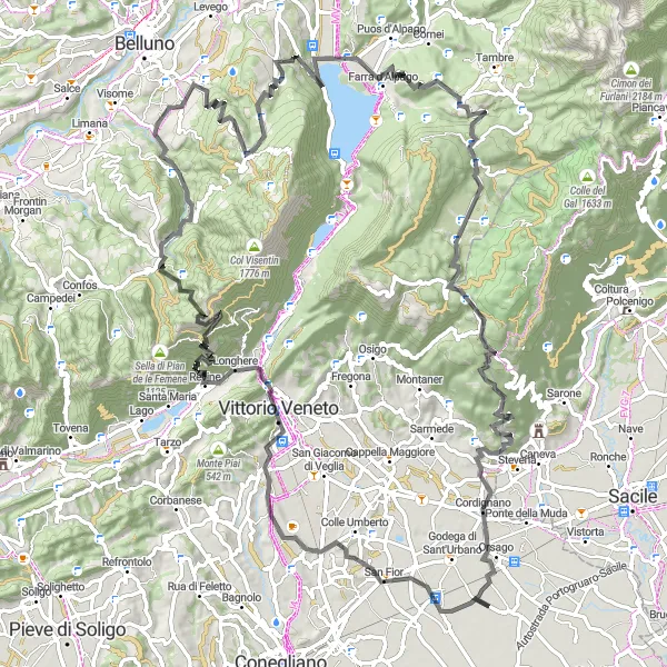 Zemljevid v pomanjšavi "Bikovska pot z vrhovi in razgledi" kolesarske inspiracije v Veneto, Italy. Generirano z načrtovalcem kolesarskih poti Tarmacs.app
