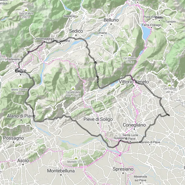 Karttaminiaatyyri "San Fior di Sotto - Monte Moncader Round-trip" pyöräilyinspiraatiosta alueella Veneto, Italy. Luotu Tarmacs.app pyöräilyreittisuunnittelijalla