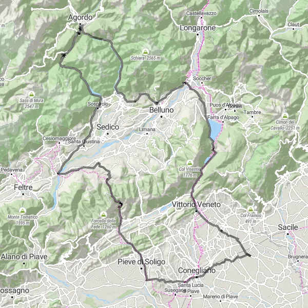 Karttaminiaatyyri "Epic Road Cycling Loop via Col di Frare" pyöräilyinspiraatiosta alueella Veneto, Italy. Luotu Tarmacs.app pyöräilyreittisuunnittelijalla