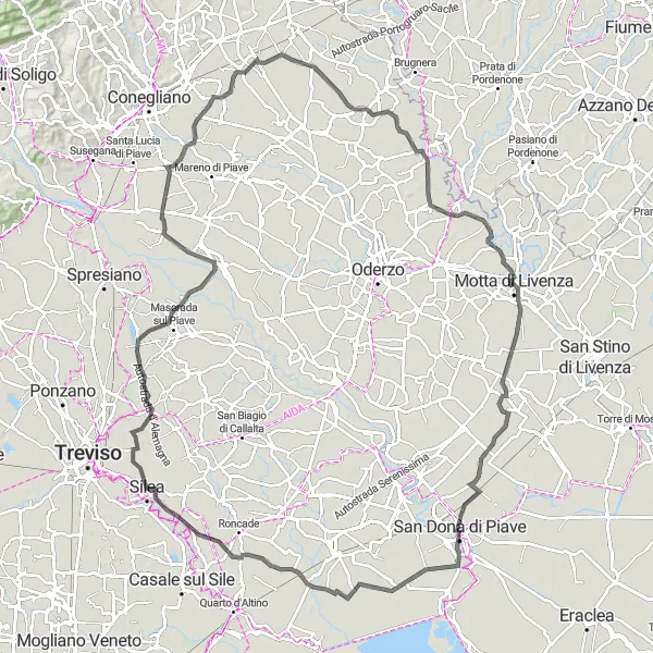 Kartminiatyr av "Runt Bibano och närliggande städer" cykelinspiration i Veneto, Italy. Genererad av Tarmacs.app cykelruttplanerare