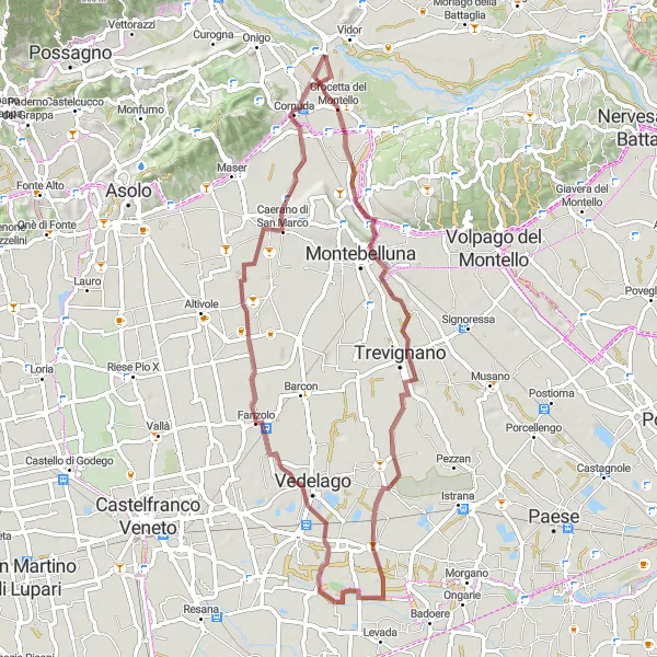 Map miniature of "Gravel Round-Trip Cycling Route from Bigolino to Cornuda" cycling inspiration in Veneto, Italy. Generated by Tarmacs.app cycling route planner