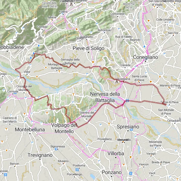 Mapa miniatúra "Za dobrodružstvom po graviatkových cestách" cyklistická inšpirácia v Veneto, Italy. Vygenerované cyklistickým plánovačom trás Tarmacs.app
