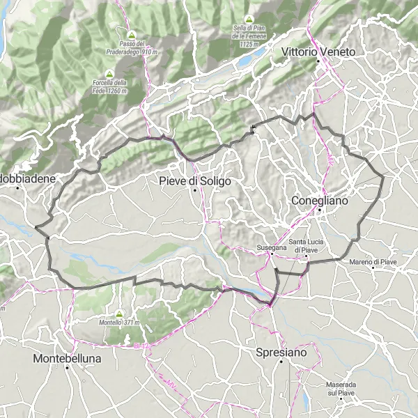 Map miniature of "The Wine and Country Roads" cycling inspiration in Veneto, Italy. Generated by Tarmacs.app cycling route planner